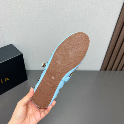 ALAIA MARY JANE SHOES IN LIGHT BLUE LAMBSKIN GOLD MIX SILVER HARDWARE