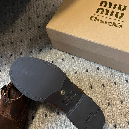 MIUMIU 26S LACE-UP BROGUE LOAFERS IN CHOCOLATE BROWN SUEDE