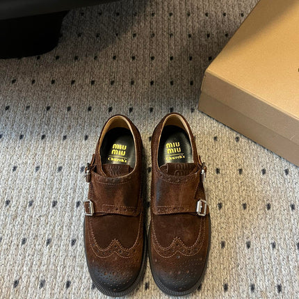 MIUMIU 26S LACE-UP BROGUE LOAFERS IN CHOCOLATE BROWN SUEDE