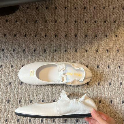 MIUMIU 26S BALLERINAS IN WHITE RUCHES NAPPA CALFSKIN