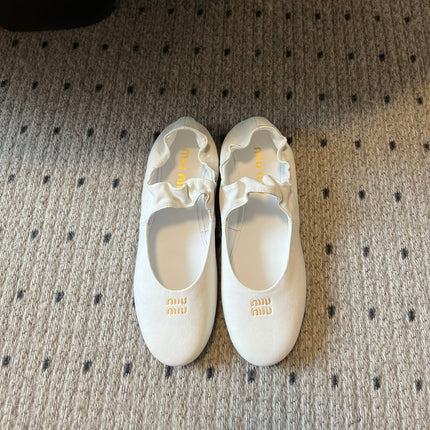 MIUMIU 26S BALLERINAS IN WHITE RUCHES NAPPA CALFSKIN
