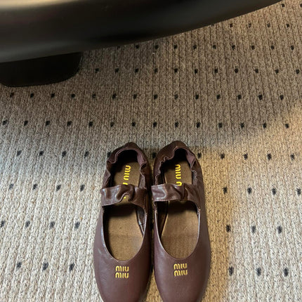 MIUMIU 26S BALLERINAS IN DARK BROWN RUCHES NAPPA CALFSKIN