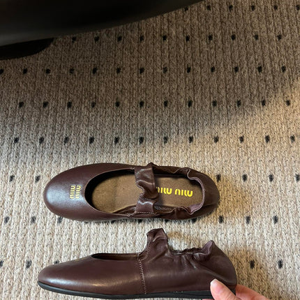 MIUMIU 26S BALLERINAS IN DARK BROWN RUCHES NAPPA CALFSKIN