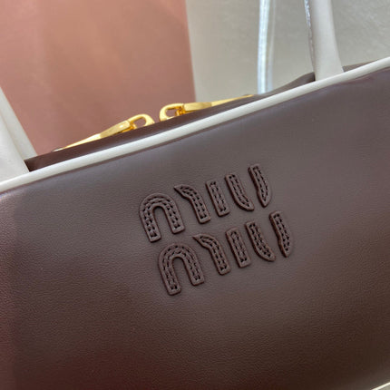 MIUMIU 26S BEAU BAG 28 IN DARK BROWN AND WHITE CALFSKIN