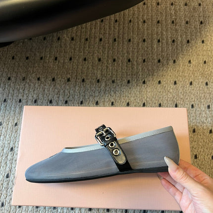 MIUMIU 26S BALLERINAS IN ALUMINUM GRAY MESH FABRIC
