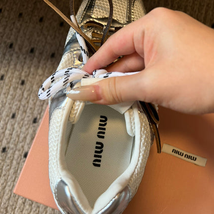 MIUMIU 26S SNEAKERS IN WHITE MESH MIX CALFSKIN