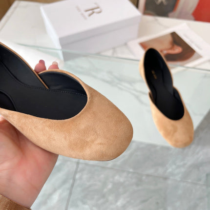 THE ROW 26S ROUND TOE BALLET FLATS IN DARK BEIGE SUEDE