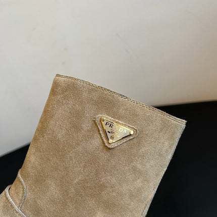 PRADA 25S PLATFORM ANKLE BOOTS IN BEIGE SUEDE WITH GOLD HARDWARE
