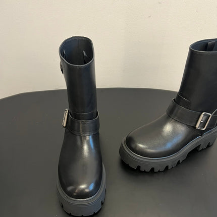 PRADA 25S PLATFORM ANKLE BOOTS IN BLACK CALFSKIN WITH SILVER HARDWARE