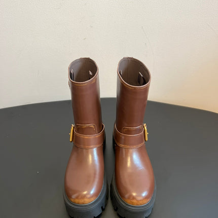 PRADA 25S PLATFORM ANKLE BOOTS IN BROWN CALFSKIN WITH GOLD HARDWARE