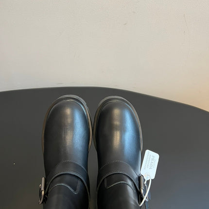 PRADA 25S HIGH-CUT PLATFORM BOOTS IN BLACK CALFSKIN WITH SILVER HARDWARE