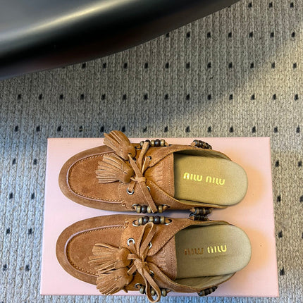 MIUMIU 26S MULES IN CARAMEL BROWN SUEDE