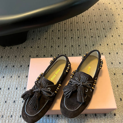 MIUMIU 26S TASSEL LOAFERS IN DARK BROWN SUEDE
