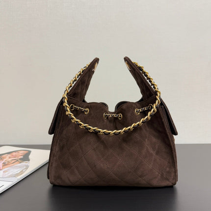 CHANEL 25S HOBO BAG 40 CM IN DARK BROWN SUEDE WITH GOLD HARDWARE