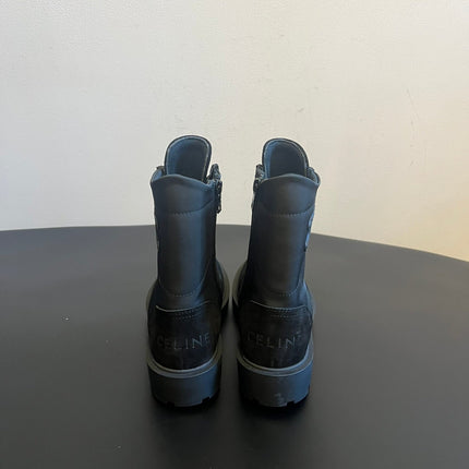 CELINE 26S LACE-UP ANKLE BOOTS IN BLACK SUEDE AND FABRIC