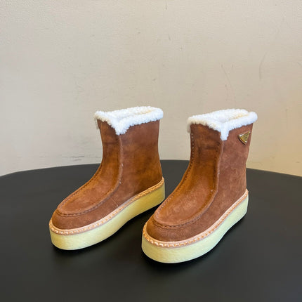PRADA 25S PLATFORM ANKLE BOOTS 40 MM IN BROWN SUEDE SHEARLING-LINED