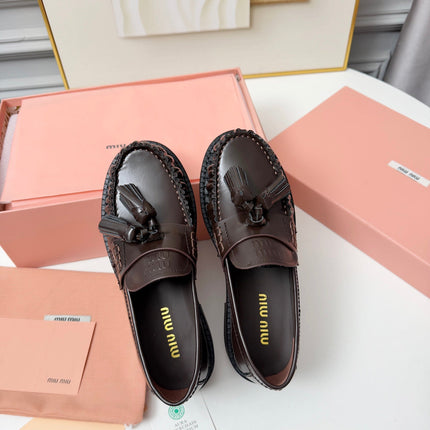 MIUMIU 26S TASSEL LOAFERS IN DARK BROWN CALFSKIN