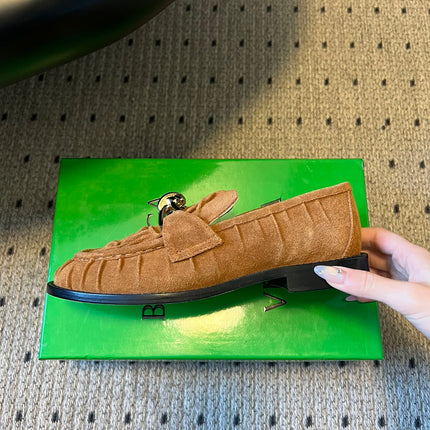 BOTTEGA VENETA 26S LOAFERS IN BROWN SUEDE WITH GOLD HARDWARE