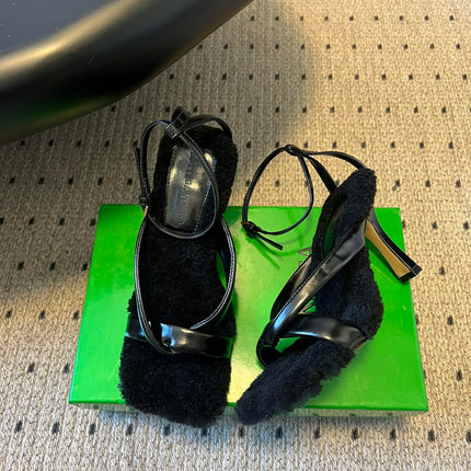 BOTTEGA VENETA 26S SQUARE-TOE HIGH-HEEL SANDALS 90 MM IN BLACK LAMBSKIN AND WOOL