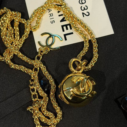 CHANEL 26S DOUBLE C LOGO SPHERE PENDANT CHAIN NECKLACE IN GOLD METAL 630892