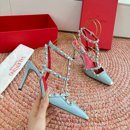 VALENTINO 26S OCKSTUD HEELS IN MINT GREEN CALFSKIN
