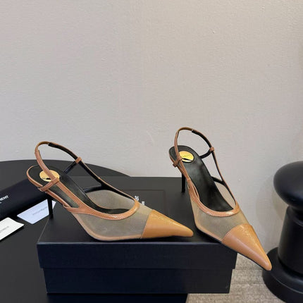 YSL 26S SLINGBACK POINTED HEEL 70 MM IN BROWN CAFLSKIN AND FABRIC