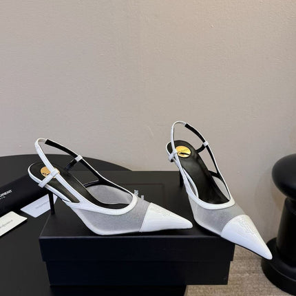 YSL 26S SLINGBACK POINTED HEEL 70 MM IN WHITE CAFLSKIN AND FABRIC