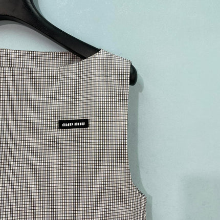MIU MIU 26S CROPPED TANK TOP IN BEIGE GINGHAM COTTON