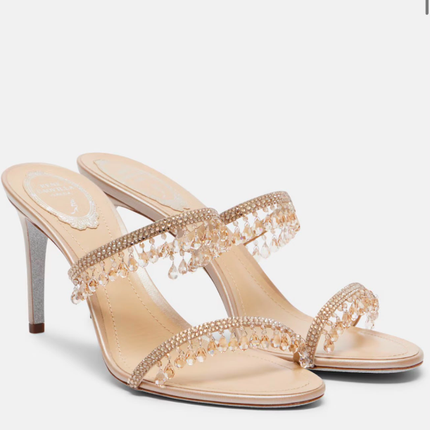 RENE CAOVILLA 26S CRYSTAL EMBELLISHED HIGHHEEL SANDAL IN NUDE SATIN