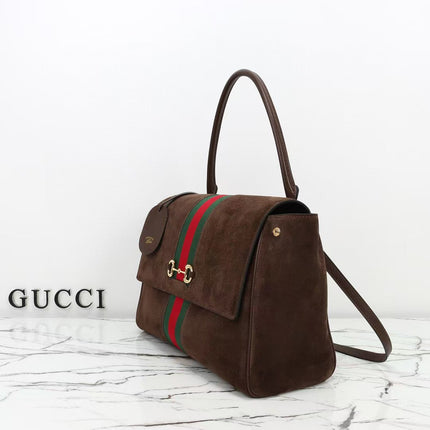 GUCCI 26S SHOULDER BAG 37 IN BROWN SUEDE WITH WEB STRIPE