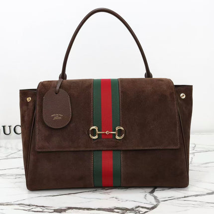 GUCCI 26S SHOULDER BAG 37 IN BROWN SUEDE WITH WEB STRIPE