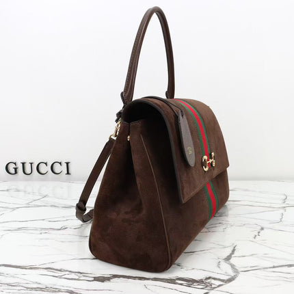 GUCCI 26S SHOULDER BAG 37 IN BROWN SUEDE WITH WEB STRIPE