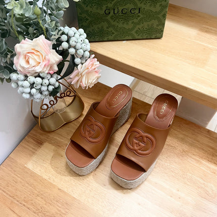 HIGH 10CM WEDGE SANDALS IN RUSSET BROWN SHEEPSKIN