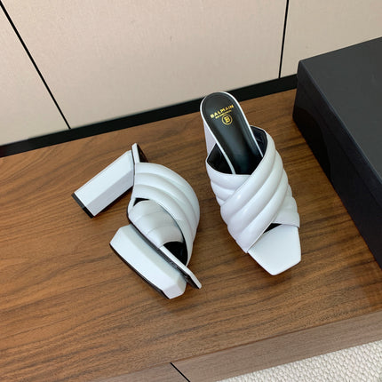 BALMAIN 26S QUILTED PLATFORM MULES 105 MM IN WHITE CALFSKIN