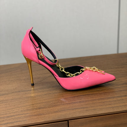 BALMAIN 26S CHAIN HIGH HEELS 95 MM IN PINK PATENT CALFSKIN