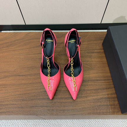 BALMAIN 26S CHAIN HIGH HEELS 95 MM IN PINK PATENT CALFSKIN