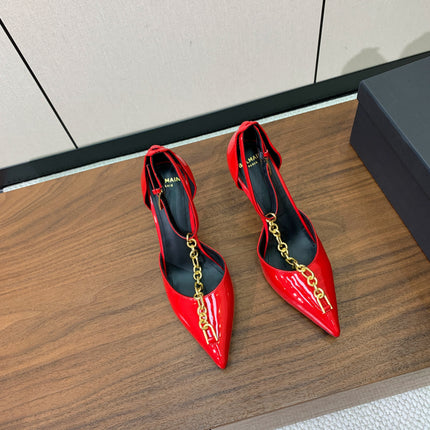 BALMAIN 26S CHAIN HIGH HEELS 95 MM IN RED PATENT CALFSKIN