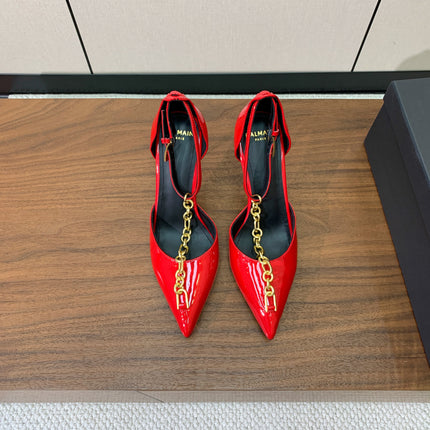 BALMAIN 26S CHAIN HIGH HEELS 95 MM IN RED PATENT CALFSKIN