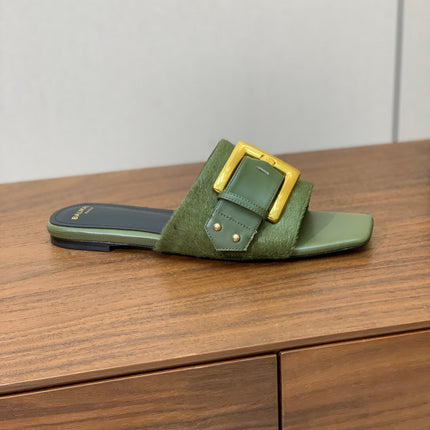 BALMAIN 26S B-BELT FLAT SANDALS IN OLIVE GREEN CALFSKIN AND PONY HAIR