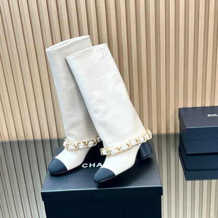 CHANEL 25S HIGH BOOTS 65MM IN WHITE CALFSKIN GOLD HARDWARE