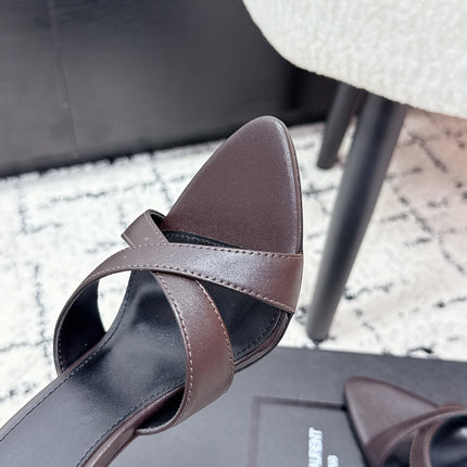 YSL 26S HEELED SANDALS 95 MM IN WINE BROWN CALFSKIN WITH CROSS STRAP
