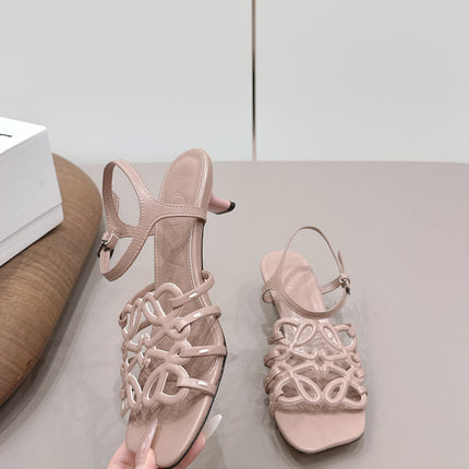 LOEWE 26S SQUARE TOE HEEL SANDALS 50MM IN PINK CALFSKIN LOGO