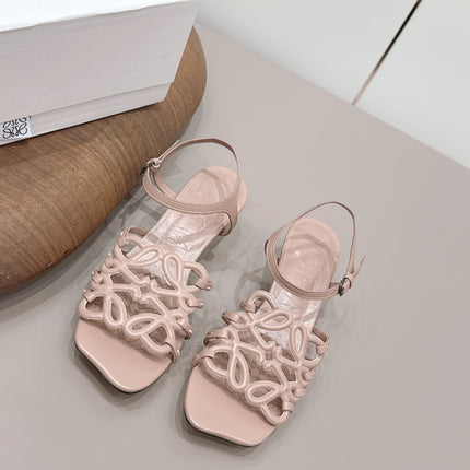 LOEWE 26S SQUARE TOE HEEL SANDALS 50MM IN PINK CALFSKIN LOGO