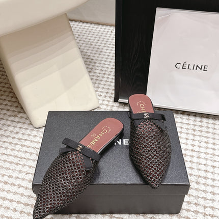 CHANEL 26S POINTED-TOE MULES IN BLACK MESH