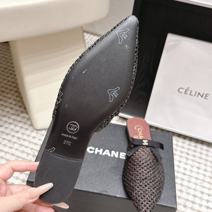CHANEL 26S POINTED-TOE MULES IN BLACK MESH