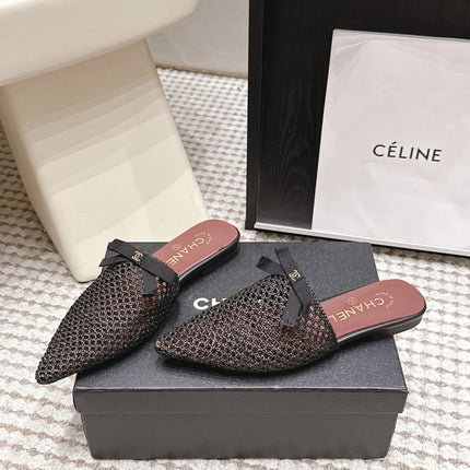 CHANEL 26S POINTED-TOE MULES IN BLACK MESH