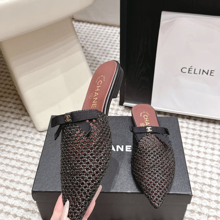 CHANEL 26S POINTED-TOE MULES IN BLACK MESH