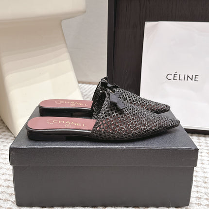 CHANEL 26S POINTED-TOE MULES IN BLACK MESH