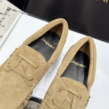 YSL 26S LOAFERS IN DARK BEIGE SUEDE WITH HORIZONTAL STRAP