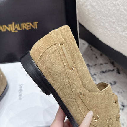 YSL 26S LOAFERS IN DARK BEIGE SUEDE WITH HORIZONTAL STRAP